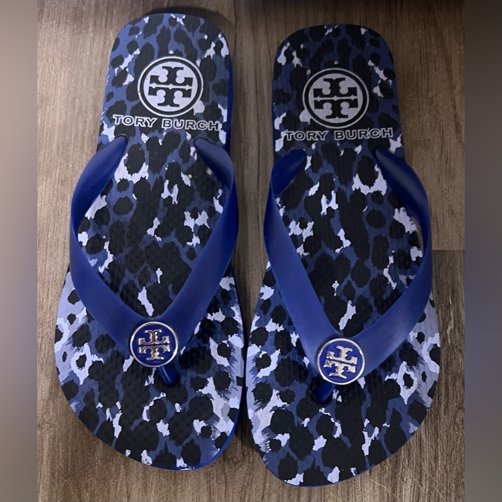 Women's Tory Burch Eva Sole Flip Flops in Blue and Black Leopard Print
